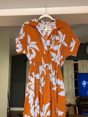 Renee C. Burnt Orange Midi Dress with White Leaf Print